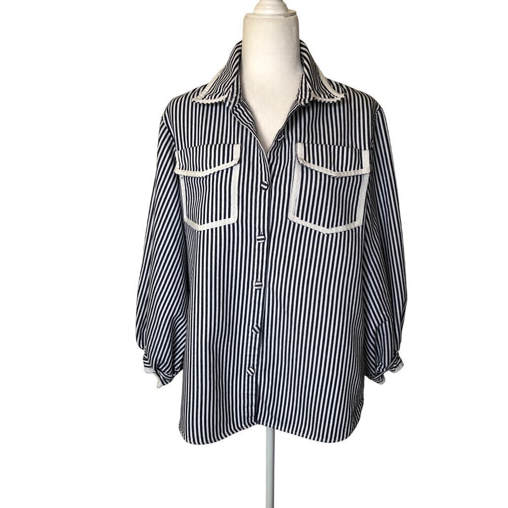 Reveuse Cotton‎ Blend  Button-up Shirt Navy White Stripes Puff-sleeve Coastal